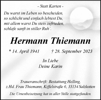 Traueranzeige von Hermann Thiemann von Westfalen Blatt