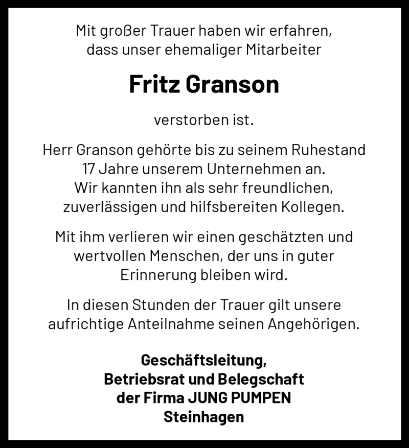  Traueranzeige für Fritz Granson vom 25.10.2023 aus Westfalen Blatt