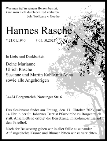 Traueranzeige von Hannes Rasche von Westfalen Blatt