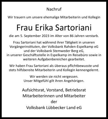 Traueranzeige von Erika Sartoriani von Westfalen Blatt