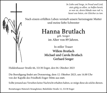 Traueranzeige von Hanna Brutlach von Westfalen Blatt