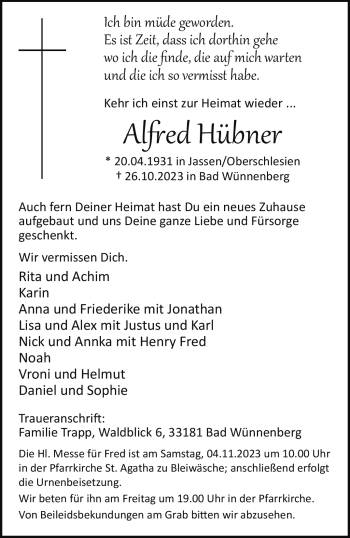 Traueranzeige von Alfred Hübner von Westfalen Blatt