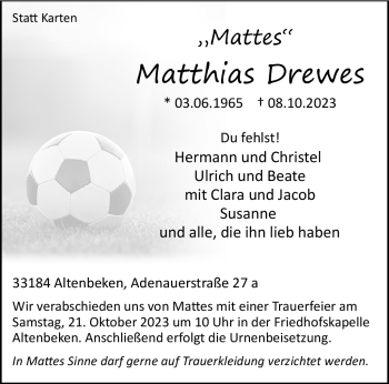 Traueranzeige von Matthias Drewes von Westfalen Blatt