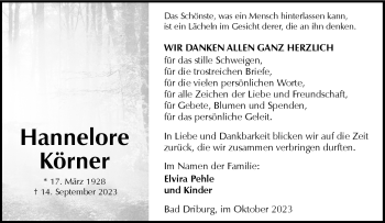 Traueranzeige von Hannelore Körner von Westfalen Blatt