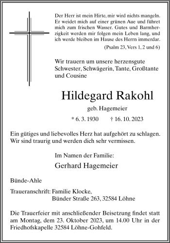 Traueranzeige von Hildegard Rakohl von Westfalen Blatt