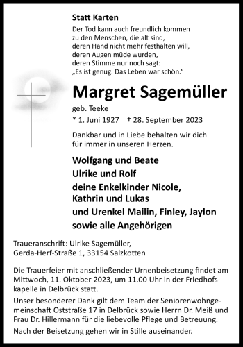 Traueranzeige von Margret Sagemüller von Westfalen Blatt