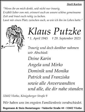 Traueranzeige von Klaus Putzke von Westfalen Blatt