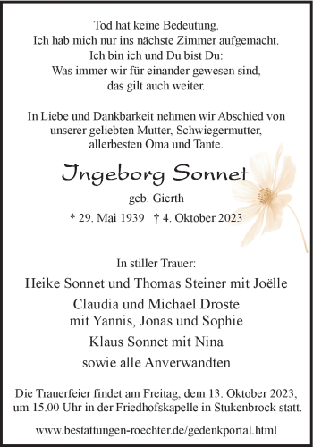 Traueranzeige von Ingeborg Sonnet von Westfalen Blatt