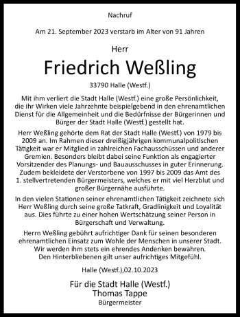 Traueranzeige von Friedrich Weßling von Westfalen Blatt