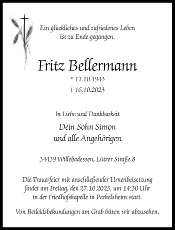 Traueranzeige von Fritz Bellermann von Westfalen Blatt