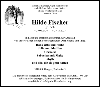 Traueranzeige von Hilde Fischer von Westfalen Blatt