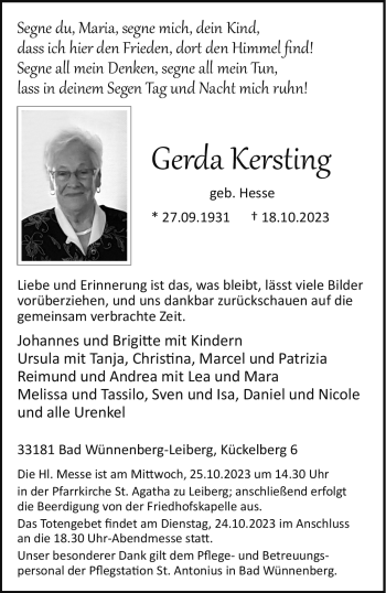 Traueranzeige von Gerda Kersting von Westfalen Blatt