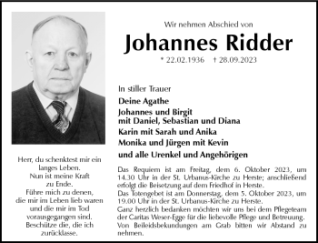 Traueranzeige von Johannes Ridder von Westfalen Blatt