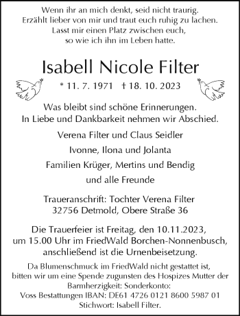 Traueranzeige von Isabell Nicole Filter von Westfalen Blatt