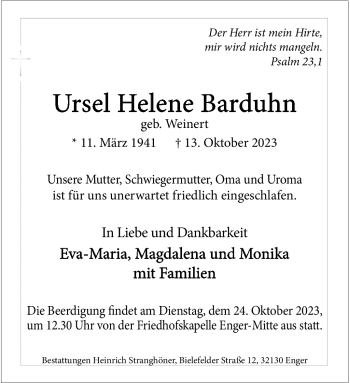 Traueranzeige von Ursel Helene Barduhn von Westfalen Blatt