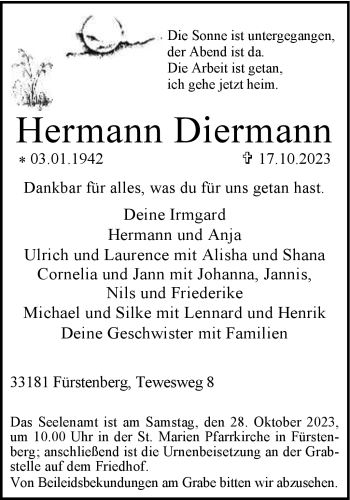 Traueranzeige von Hermann Diermann von Westfalen Blatt