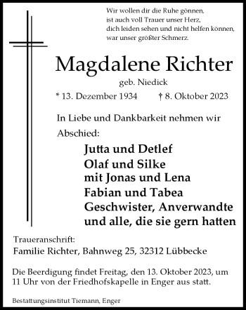 Traueranzeige von Magdalene Richter von Westfalen Blatt