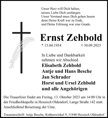 Traueranzeige von Ernst Zehbold von Westfalen Blatt