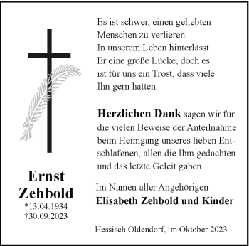 Traueranzeige von Ernst Zehbold von Westfalen Blatt