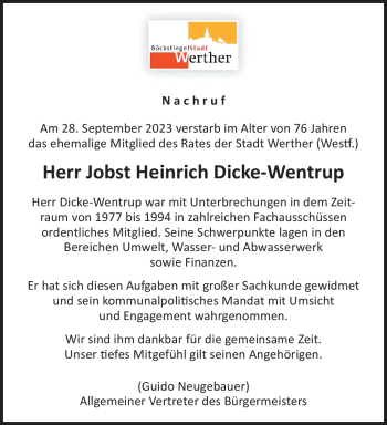 Traueranzeige von Jobst Heinrich Dicke-Wentrup von Westfalen Blatt