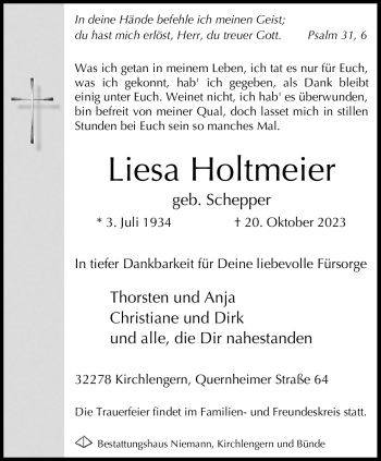 Traueranzeige von Liesa Holtmeier von Westfalen Blatt