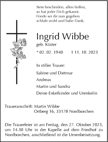 Traueranzeige von Ingrid Wibbe von Westfalen Blatt