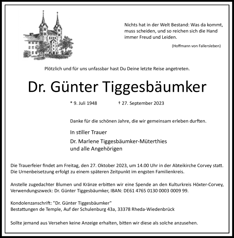  Traueranzeige für Dr. Günter Tiggesbäumker vom 21.10.2023 aus Westfalen Blatt