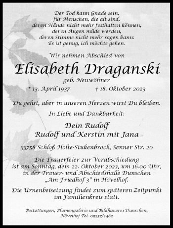 Traueranzeige von Elisabeth Draganski von Westfalen Blatt