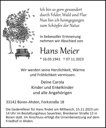 Traueranzeige von Hans Meier von Westfalen Blatt