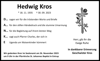 Traueranzeige von Hedwig Kros von Westfalen Blatt