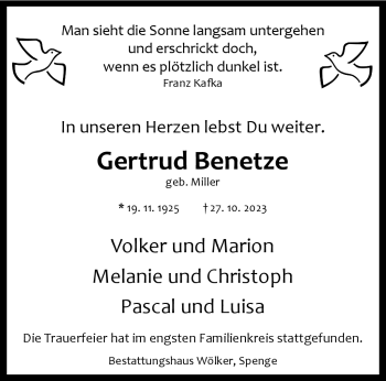 Traueranzeige von Gertrud Benetze von Westfalen Blatt