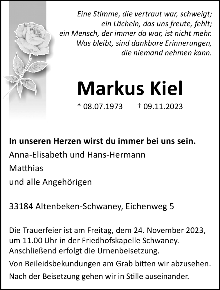  Traueranzeige für Markus Kiel vom 22.11.2023 aus Westfalen Blatt