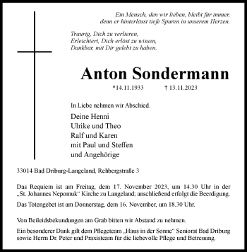 Traueranzeige von Anton Sondermann von Westfalen Blatt