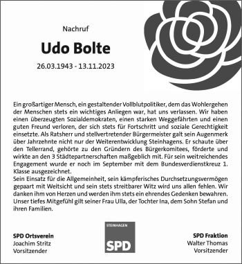 Traueranzeige von Udo Bolte von Westfalen Blatt