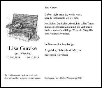 Traueranzeige von Lisa Gurcke von Westfalen Blatt