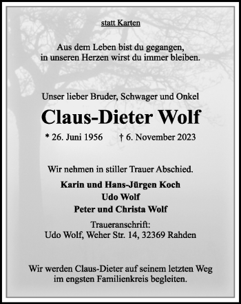 Traueranzeige von Claus-Dieter Wolf von Westfalen Blatt