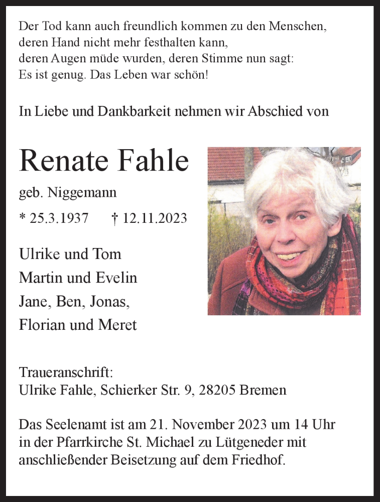  Traueranzeige für Renate Fahle vom 18.11.2023 aus Westfalen Blatt