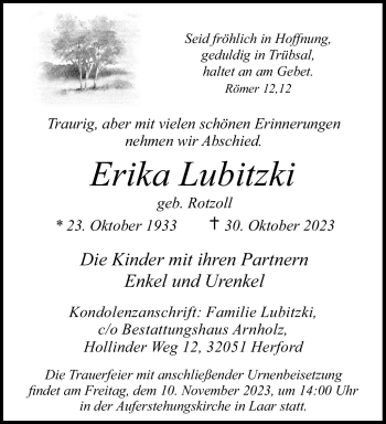 Traueranzeige von Erika Lubitzki von Westfalen Blatt