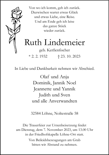 Traueranzeige von Ruth Lindemeier von Westfalen Blatt