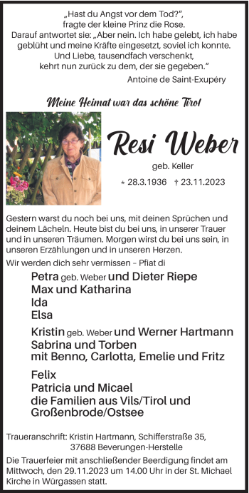 Traueranzeige von Resi Weber von Westfalen Blatt