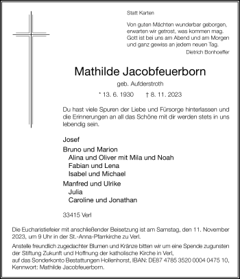 Traueranzeige von Mathilde Jacobfeuerborn von Westfalen Blatt