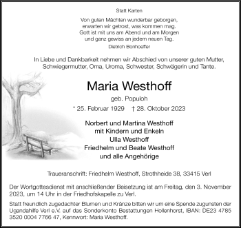 Traueranzeige von Maria Westhoff von Westfalen Blatt