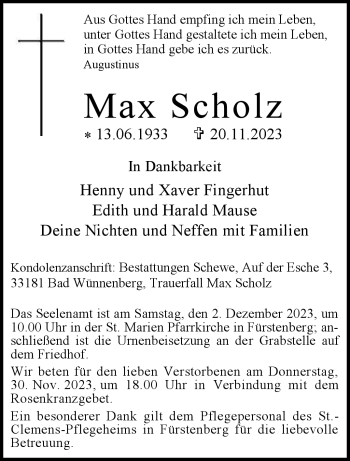 Traueranzeige von Max Scholz von Westfalen Blatt