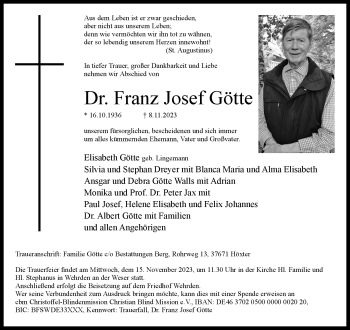 Traueranzeige von Dr. Franz Josef Götte von Westfalen Blatt