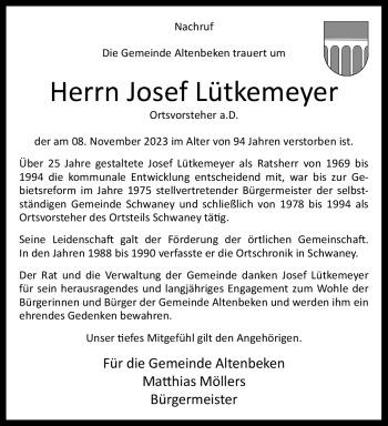 Traueranzeige von Josef Lütkemeyer von Westfalen Blatt