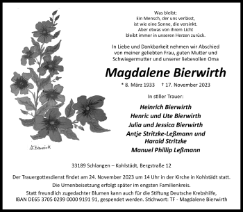 Traueranzeige von Magdalene Bierwirth von Westfalen Blatt