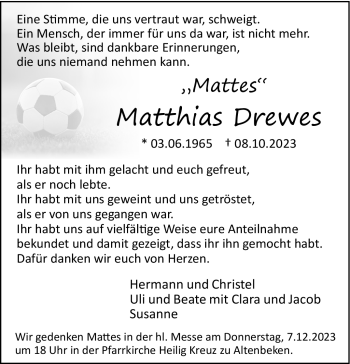 Traueranzeige von Matthias Drewes von Westfalen Blatt