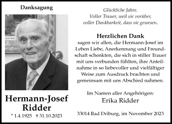 Traueranzeige von Hermann-Josef Ridder von Westfalen Blatt