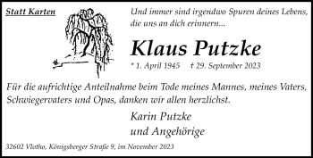 Traueranzeige von Klaus Putzke von Westfalen Blatt