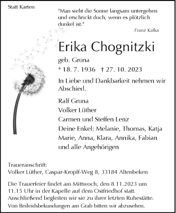 Traueranzeige von Erika Chognitzki von Westfalen Blatt